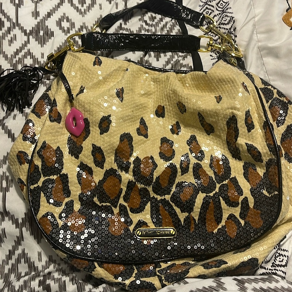 Betsy Johnson sequin leopard printed large hobo handbag